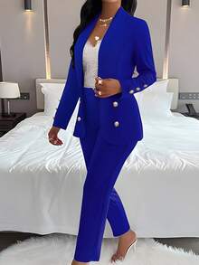 Women's Solid Color Front Button Pocket Double-Breasted Casual Suit Two Pieces Set, Autumn/Winter Spring - Blue - View 1