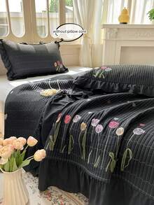 3件套花卉刺绣床上用品套装，绗缝毯和枕套，空调被毯 - 黑色 - 查看 7