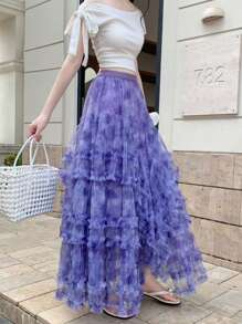 女式可爱花卉网眼拼布荷叶边下摆不对称长裙