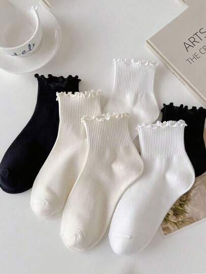 1 Pair/3 Pairs/6 Pairs Japanese Style Cuffed Ankle Socks, Cute & Fresh Ruffle Edge Socks For Women