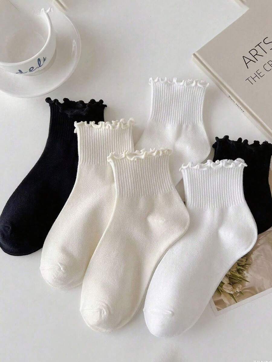 1 Pair/3 Pairs/6 Pairs Japanese Style Cuffed Ankle Socks, Cute & Fresh Ruffle Edge Socks For Women