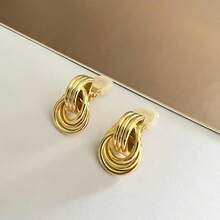 Gold Clip On Earrings Women Knot Link Chunky Non Pierced Earring 14K Gold Plated Hoops Drop Dangle Earrings Lightweight Jewelry - A-Gold - 查看 7