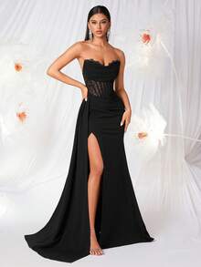 Elisanya Halter V-Neck Mesh Splice Sheer Long Tie Back Slit Dress, Suitable For Prom, Party, Graduation, Birthday, Evening Date, Homecoming, Wedding Guest, Formal Dinner