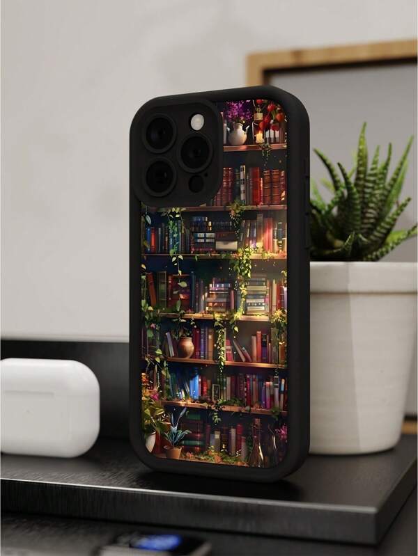 1pc New Bookshelf Print Pattern Phone Case, Suitable As Gift For Boyfriend, Friend, Girlfriend, Family, Brother, Colleague, Sibling, Couple, Classmate, Teacher, Birthday, Holiday, Black Matte Soft Full Body Protective Anti-Dust Anti-Water Case Compatible With IPhone 13/16/15/14/13/12/11/Pro/ProMax/X/XR/XS/XSMAX/7/8/PLUS,