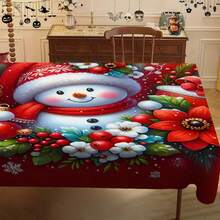 1pc Polyester Christmas Snowman & Floral Tablecloth, Holiday Party Dining Table Cloth, Festive Red Background Cloth For Outdoor Party, Picnic, Dinner, Ideal For Home And Restaurant Decor