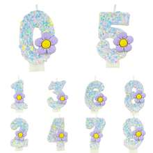 Sequin Creative Cute Personalized Purple Small Flower Number Candle / Cake Decoration Candle With Anti-Drip Wax Tray / Birthday Cake Decoration Candle / Wish Candle / Suitable For Birthday / Party Wedding / Romance / Anniversary