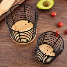 2 Packs,Utensil Holder For Kitchen Counter Large Round With Wooden Base Cooking Utensil Holder Utensil Organizer ,(Metal+Bamboo) 1 Big+1Small,Pastoral Style Kitchenware Storage Tank,2 Pcs Iron Tableware Jar, Home Decor, Party & Christmas Storage - Black - View 4