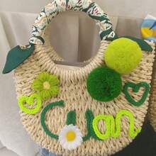 1pc Personalized Straw Woven Bag, Ribbon/Pom Pom/Crochet Flower, Fashion Letter Woven Tote Bag, Straw Handbag, Party Gift Bag, Bridesmaid Gift Basket - Multicolor - View 5