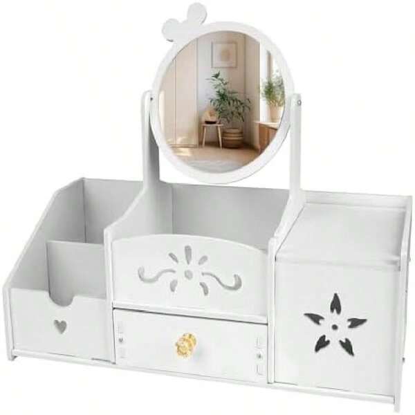 Makeup Organizer, Cosmetic Mirror & Drawer, PVC Desktop Cosmetics Storage Box For Women Bathroom Desktop Organizer