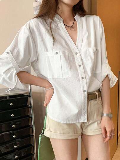 Korean Style Half-Button V-Neck Loose Long Sleeve Blouse For Women, Unique Design Top