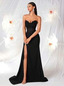 Elisanya Halter V-Neck Mesh Splice Sheer Long Tie Back Slit Dress, Suitable For Prom, Party, Graduation, Birthday, Evening Date, Homecoming, Wedding Guest, Formal Dinner