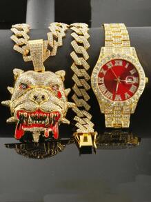 1 Set Bulldog Pendant Rhombus Cuban Chain Necklace & Bracelet, Men's Red Watch, Fashionable & Cool Men Accessories