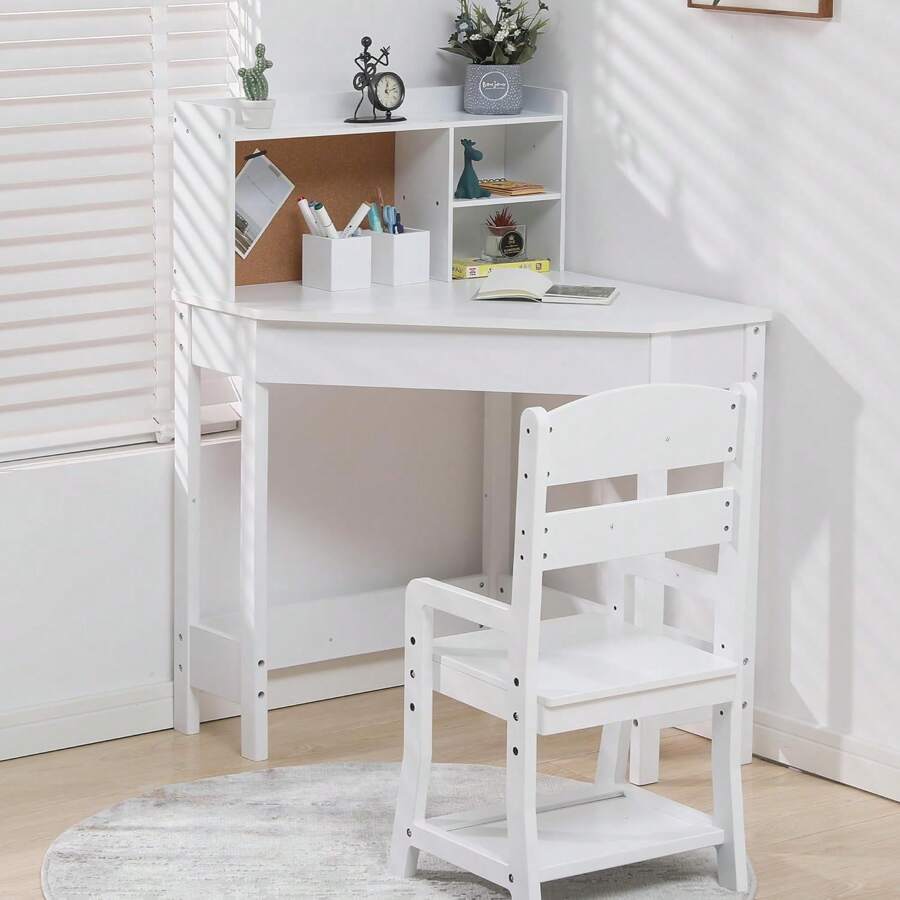 Dragonpad Kids Corner Desk, Kids Desk And Chair Set With Bookshelf, Children Study Table With Storage Shelf And Hutch For Home School Use, L Shape Kids Study Table For Boys And Girls 3-8, White
