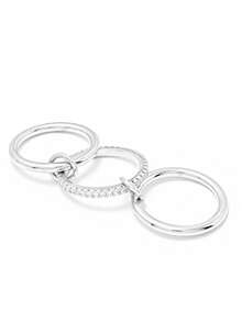 Fashionable Layerable Rings, Silver Tone Triple Linked Design With Delicate Cubic Zirconia, Jewelry Gift For Women