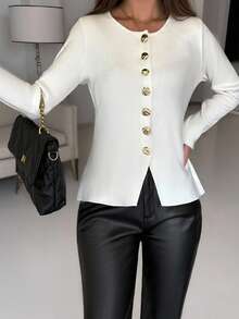 Autumn And Winter Women's Urban Modern Fashion Elegant Business Casual Simple Elegant Small Round Collar Single Row Metal Button Design Slit Long Sleeve Fitted Women's Button Knit Cardigan,Women's Business Casual Sweaters,Women's Going Out Tops,Autumn Women's Cardigans - White - View 2