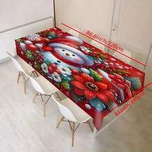 1pc Polyester Christmas Snowman & Floral Tablecloth, Holiday Party Dining Table Cloth, Festive Red Background Cloth For Outdoor Party, Picnic, Dinner, Ideal For Home And Restaurant Decor