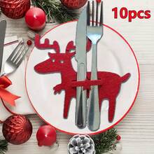 10 piezas Manteles individuales de reno navideños, bolsas portacubiertos de fieltro, bolsillos para cuchillo y tenedor, decoración de mesa navideña, decoraciones navideñas