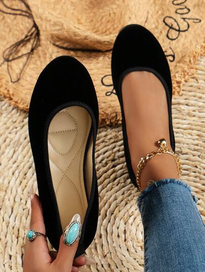 Teen's Faux Suede Bow Retro Elegant Wedge Heel Casual Round Toe Flat Shoes, Solid Color Slip-On Flat Sandals, Black Student School Shoes, Teen & Teens Shoes