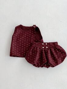 3pcs Baby Girl Sweet Peter Pan Collar Undershirt, Ditsy Floral Vest, Ruffle Pants Set, Autumn