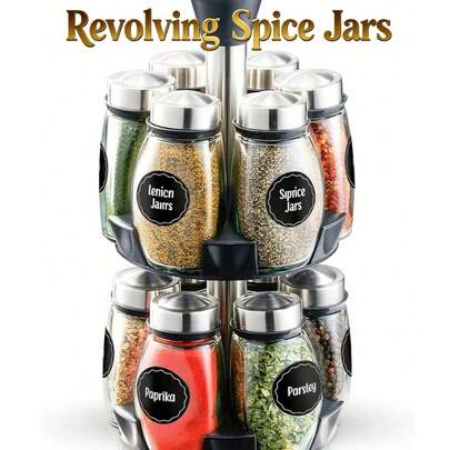 1 pieza Práctica caja de almacenamiento de especias giratoria - Estante giratorio para hierbas y especias, 6 frascos de vidrio en 1 capa, 12 frascos de vidrio en 2 capas, ayudante de almacenamiento de cocina para cocina, escuela, reuniones en el hogar (incluye soporte y etiquetas)