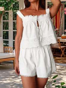 Women Shorts Set, Tie-Up Patchwork Camisole With Elastic Waist Shorts Summer Pajama Set Loungewear - White - View 4