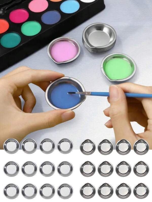 12 piezas Juego de paleta de pintura de acero inoxidable, bandejas de mezcla de pintura redondas con pico de vertido fácil y diseño ligero - Paletas de acuarela de grado artístico para pinturas acrílicas y al óleo, ideal para artistas y aficionados, bandeja de paleta de pintura, suministros artísticos, acabado metálico elegante