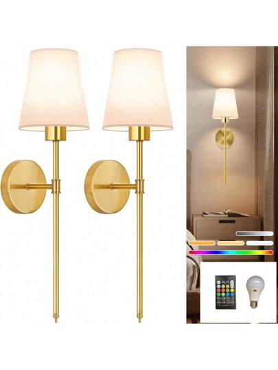 Battery Operated Wand Sconces Fabric Shade, Rechargeable LED Lights Set Of 2, Dimmable Wireless Lamp Temperature, 12 RGB Remote Bedroom Living Room Hallway