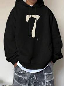 Men's Casual Number "7" Print Pocket Drawstring Hoodie, Autumn/Winter, Long Sleeve Top - Black - View 5