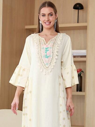 ASBB 优雅的阿拉伯女式连衣裙，带有彩色 3D 刺绣串珠花卉图案，JALABIA V 领流苏拼布泡泡袖长袍，白色