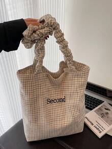 New Casual Fashion Plaid Tote Bag, Pleated Strap, Korean Style Loose Lettering Handbag, Foldable Large Capacity Shoulder Bag For University, Shopping, Travel , Office Bag - Multicolor - View 11