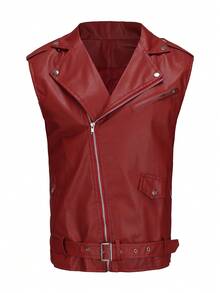 Fashion Mens Faux Leather PU Biker Punk Vest Zippers Slim Fit Male Sleeveless Waistcoat For Men - 酒紅色 - 查看 3