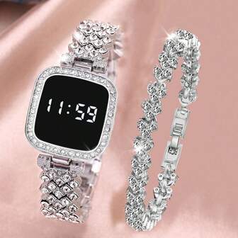 1 Set Women Digital Watch Set FREE Bracelet Square LED Ladies Watch Alloy Student Girl Touch Fashion Electronic Women's Watch [FREE BOX]