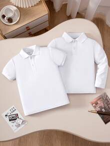 Bộ 2 áo thun polo tay ngắn màu trắng phong cách đại học cổ điển cho bé trai + áo thun polo tay dài màu trắng, thích hợp mặc đi học, tụ tập, biểu diễn và các hoạt động nhóm khác - trắng - Xem 1