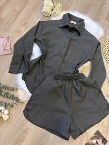 WOMEN'S SHIRT AND SHORTS SET SP013 - Dark Grey - View 4