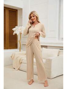 Women's 2 Piece Ribbed Color Block Fleece Pajama Set Fall Long Sleeve Lounge Sleepwear With Pockets Soft Warm Loungewear - Màu be - Xem 3