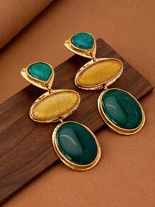 1 对女士时尚吊坠耳环，夸张对比色几何组合复古波西米亚金属风格，百搭日常/礼物，不对称树脂