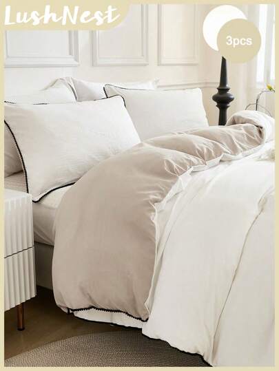 白色床上用品套装 绒球羽绒被套 波西米亚风农舍床上用品套装 3 件迷你绒球装饰白色和驼色双面被套 柔软超细纤维羽绒被套 适合男孩女孩 1 个羽绒被套 2 个枕套 无被子