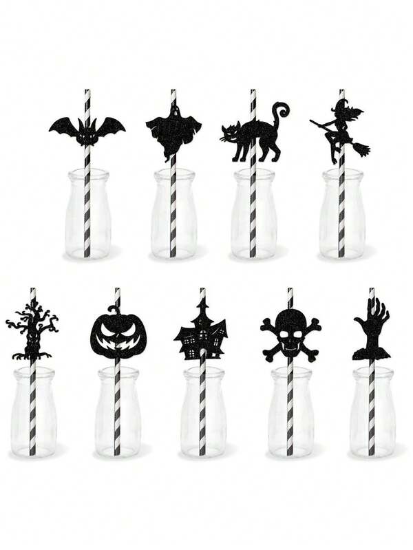 Kit de accesorios de fiesta de 9 paquetes de decoración de Halloween para tazas de bebida con adornos de calavera, murciélago y calabaza para manualidades DIY