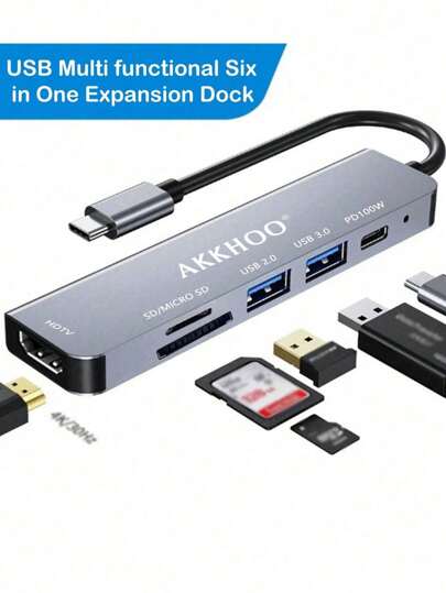 Six In One Type-C Docking Station, Support 100WPD Fast Charge, SD/TF Card Dual Card Slot, Efficient File Transfer, Portable Multi-Function Docking Station