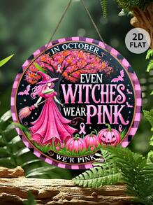 1 Stück 2D flach, Heimdekoration, Wanddekoration. Feiertags-Dekoration, Halloween-Dekorations-Schild, Hexe mit rosa Erkennungszeichen. Vintage-Stil, Holz-Wanddekoration-Schild, Geschenk für Freunde, Wandkunst, dekorative Plakette