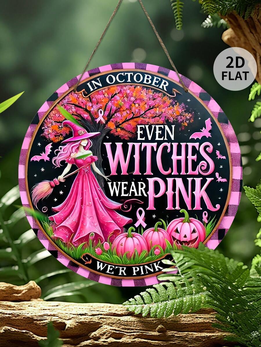1 Stück 2D flach, Heimdekoration, Wanddekoration. Feiertags-Dekoration, Halloween-Dekorations-Schild, Hexe mit rosa Erkennungszeichen. Vintage-Stil, Holz-Wanddekoration-Schild, Geschenk für Freunde, Wandkunst, dekorative Plakette