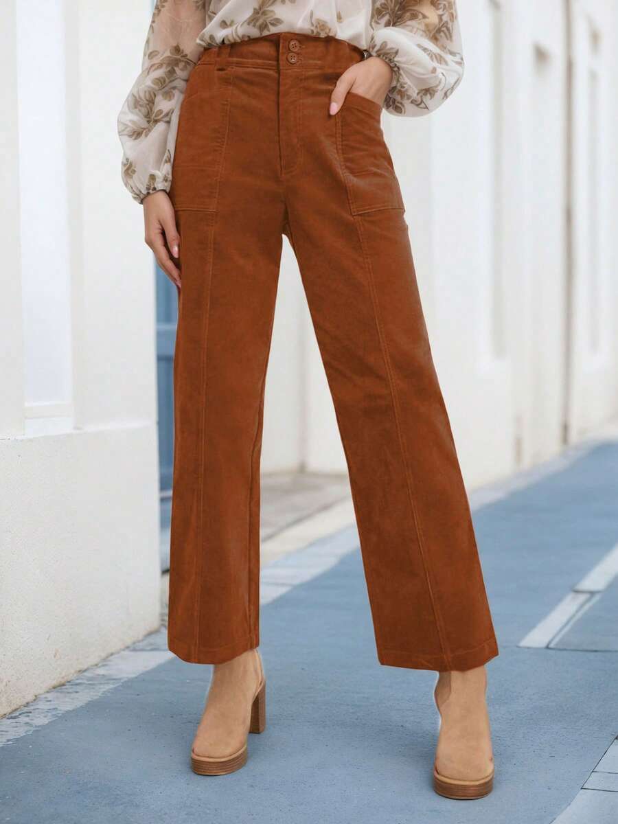 tooluck Womens Casual Winter Straight Leg Elastic Waist Corduroy Pants With Pockets Rust Brown - 鏽棕色 - 查看 1