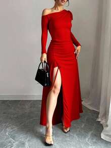 Vestido largo Hombro Descubierto Con Abertura en pierna Sexy Para Dama Ween femenino hombro caido elegante atrevido diferente corte asimétrico graduación boda formal - Rojo - Ver 1