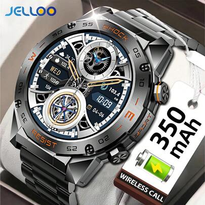 JELLOO 男士智能手表（接听/拨打电话）、350mAh 坚固户外智能手表、带睡眠监测器的健身追踪器、适用于 Android IOS 手机的防水战术运动智能手表