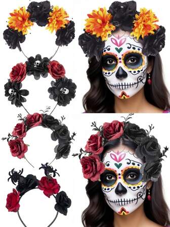 1 件万圣节逼真黑色和红色玫瑰花头饰，黑暗哥特式亡灵节骷髅手蜘蛛 3D 头饰，适合万圣节角色扮演派对服装