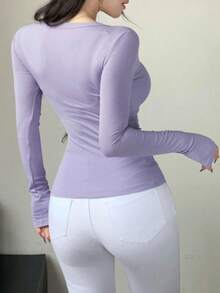 Slim Fit V-Neck Long Sleeve Knit Top, Ribbed Texture, Solid Color, Lightweight Knit Fabric, Suitable For Daily Wear In Summer