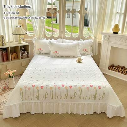 3件套花卉刺绣床上用品套装，绗缝毯和枕套，空调被毯