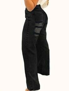 Women's Casual Straight Leg Jeans, Paired With Striped Decorations, Suitable For All Seasons, Suitable For Daily Outings, Back To School Season, Back To School Season, Rural Concerts - 黑色 - 查看 5