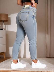 mezclilla pantalon para mujer,mom jeans,liso,comodidad,casual. - Azul - Ver 2