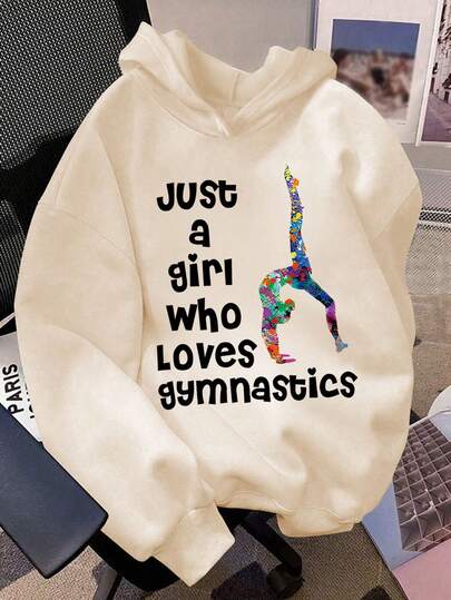 Tween Girls Long Sleeved Hooded Sweatshirt With "Just A Girl Who Loves Gymnastics" Print Pattern, Providing A Comfortable, Fashionable, And Casual Autumn And Winter